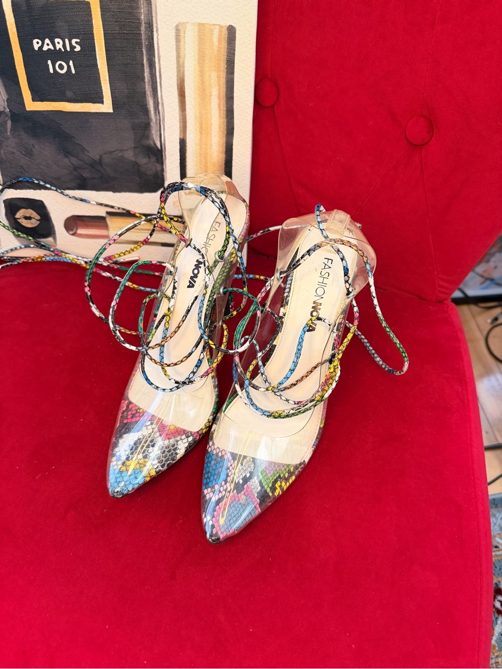 Fashion Nova Multicolor Snake-Print Lace-Up Pointed Heels